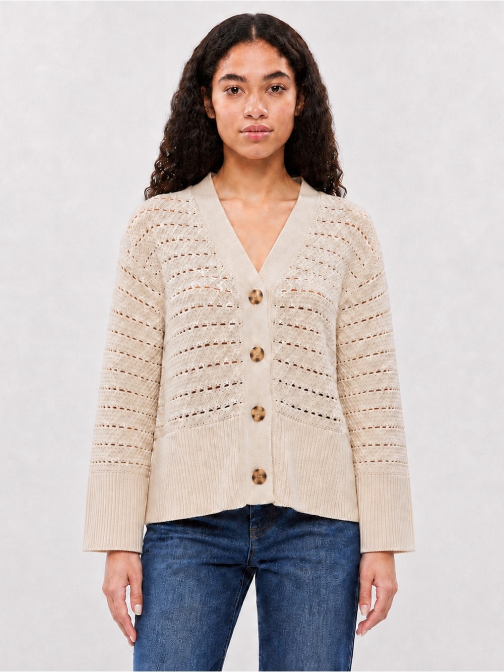 Gap cotton crochet split hem 24/7 cardigan Large neutral Pointelle
